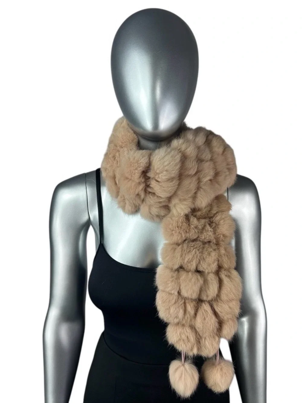 Rose-Beige RABBIT Scarf w/POM POMS, Size 47”L, Certified Vintage Fur